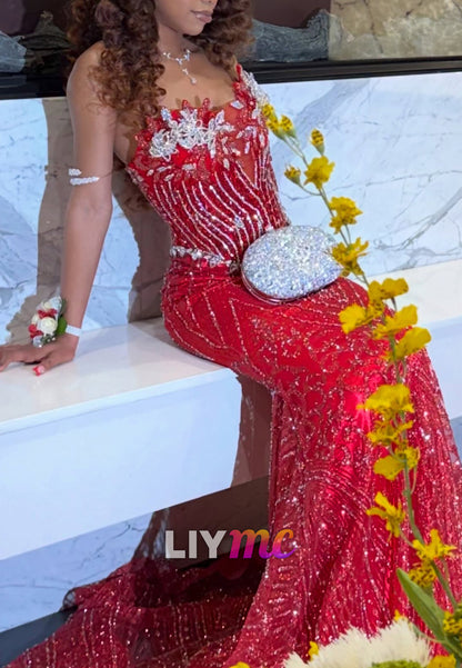 Sequin Mermaid Gown with Crystal Bodice & Train