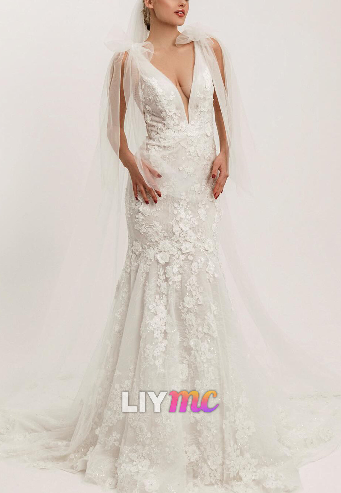 3D Floral Lace Mermaid Wedding Dress with Shoulder Bows