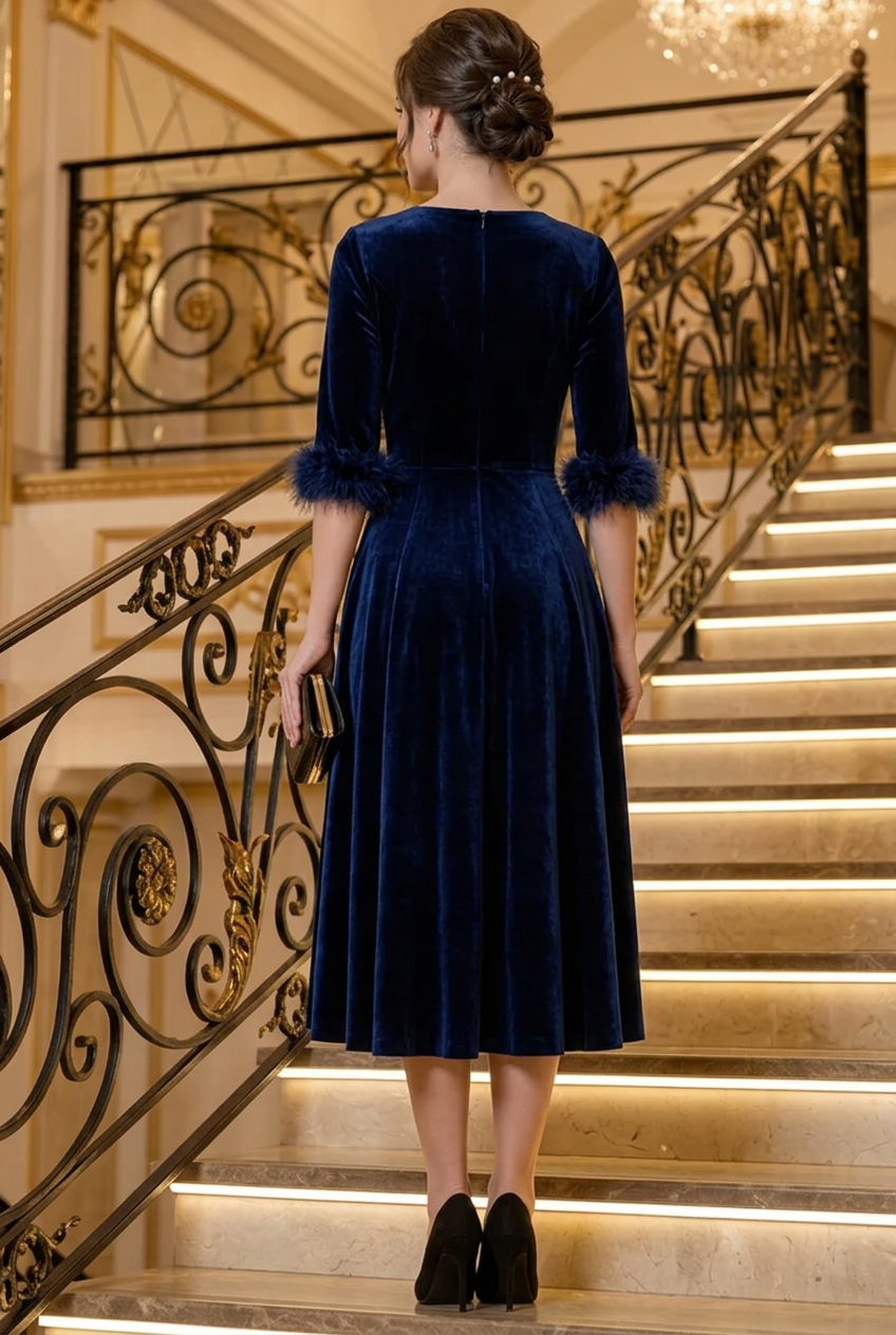 Velvet A-Line Midi Dress with Feather Cuffs