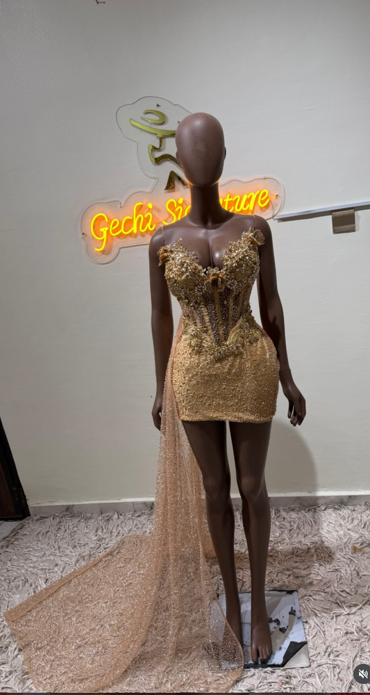 Embellished Corset Mini Dress with Side Train