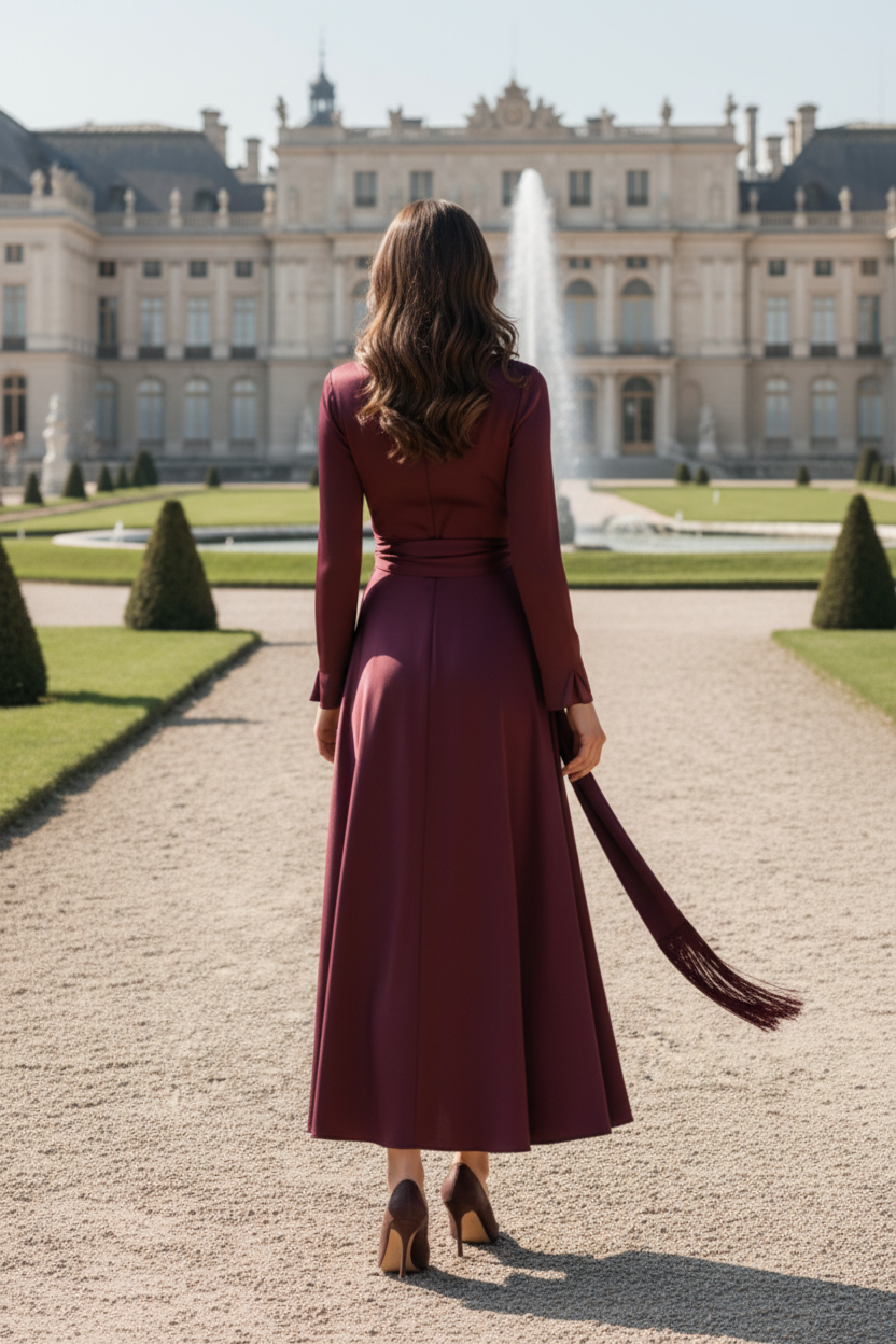 Long Sleeve Satin A-Line Dress with Fringe Tie Waist