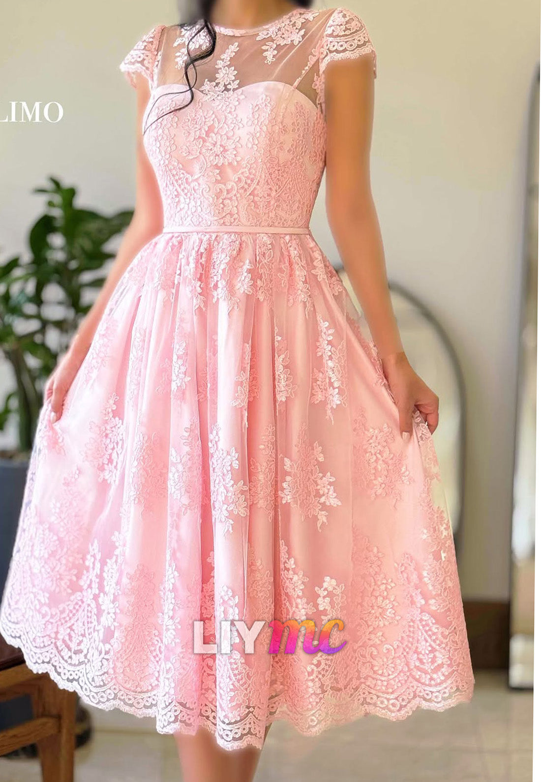 Lace Illusion Cap-Sleeve Tea-Length A-Line Dress