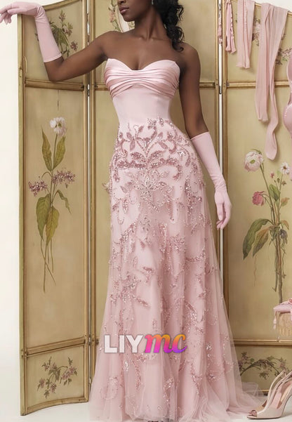 Strapless Sequin Embroidered Evening Gown
