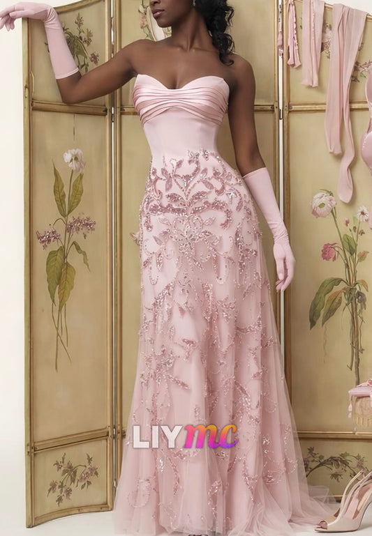 Strapless Sequin Embroidered Evening Gown