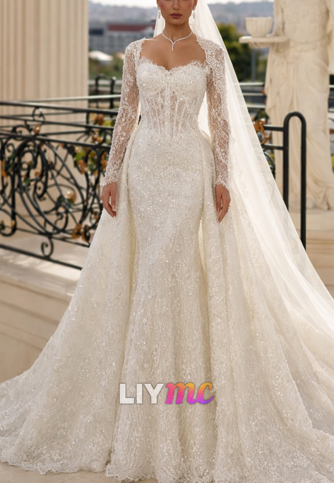 Lace Mermaid Wedding Dress with Detachable Overskirt