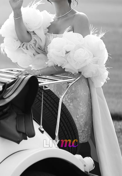 Strapless Lace Mini Wedding Dress with Detachable Train