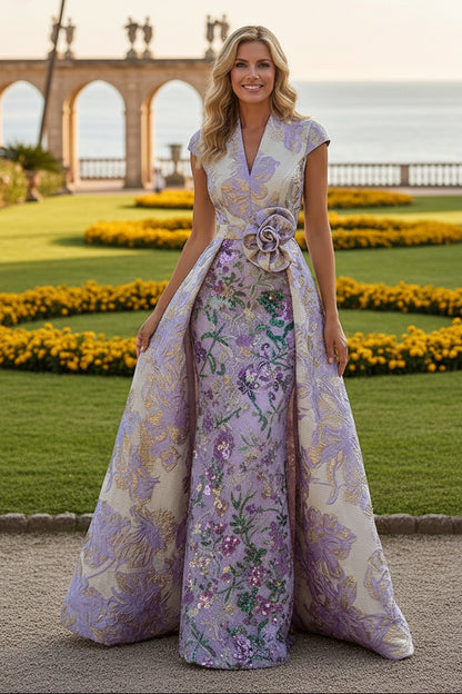 Jacquard Gown with Embroidered Underdress & Overskirt