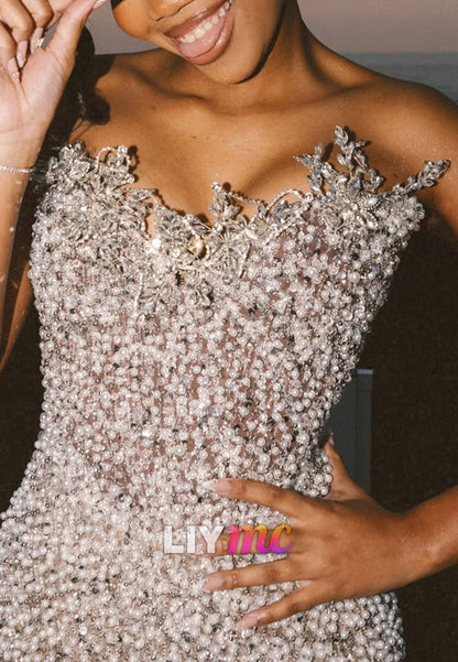 Strapless Pearl and Crystal Embellished Formal Gown