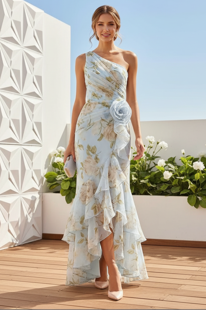 One-Shoulder Floral Ruffled Mermaid Gown