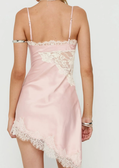 Satin Slip Mini Dress with Lace Trim & Asymmetric Hem