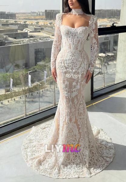 Long Sleeve Lace Corset Mermaid Gown