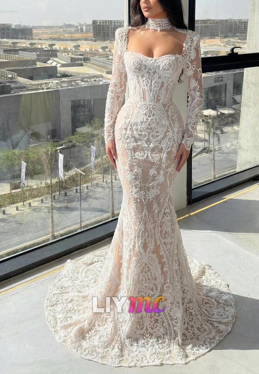 Long Sleeve Lace Corset Mermaid Gown