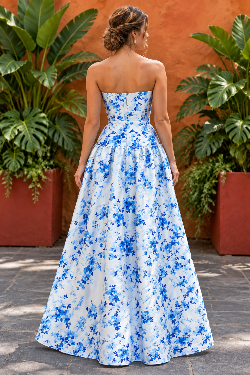 Strapless Floral Print Ball Gown with Bow Belt