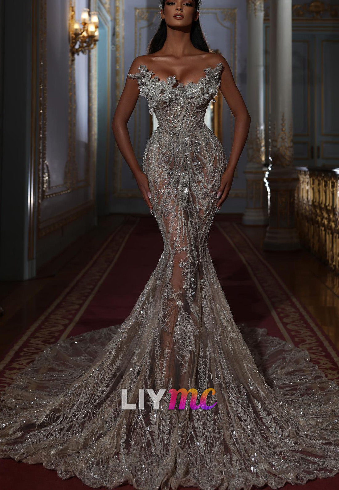 Embellished Mermaid Gown with Hooded Cape