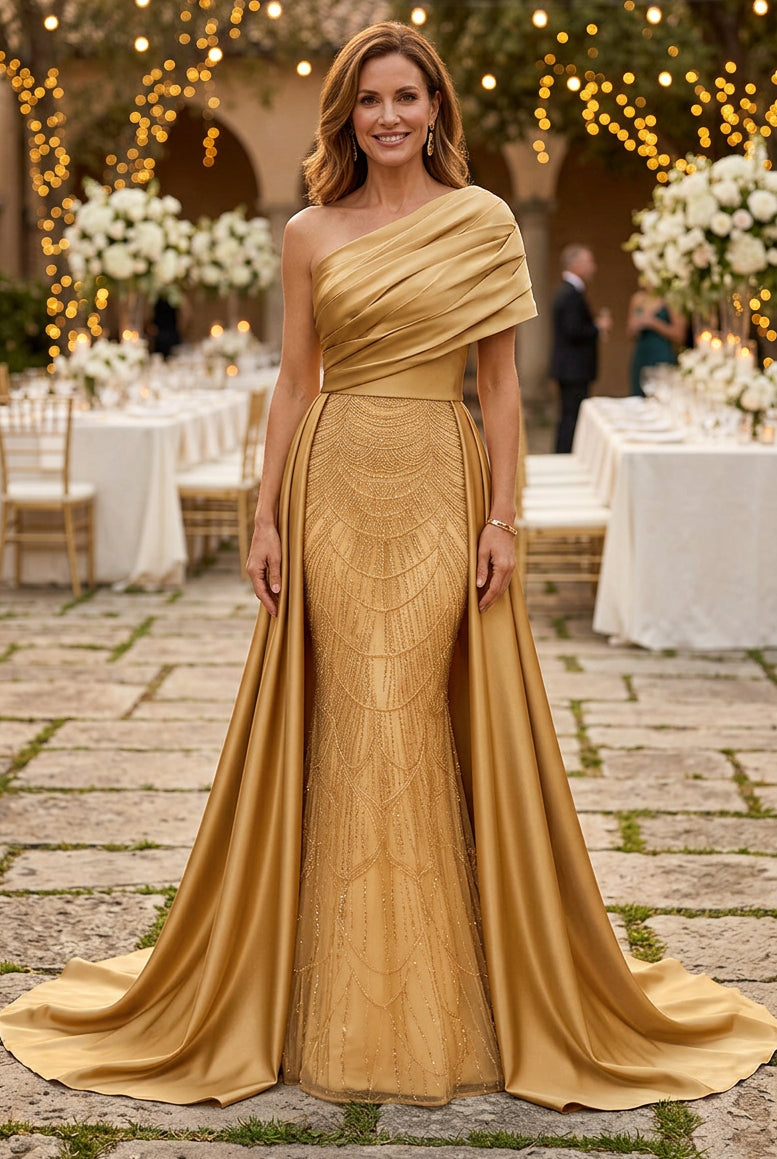 One-Shoulder Pleated Gown with Beaded Mermaid Skirt