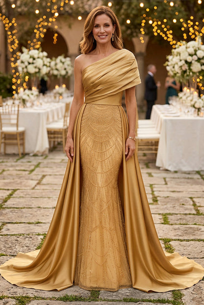 One-Shoulder Pleated Gown with Beaded Mermaid Skirt