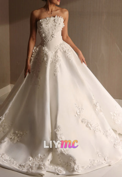 Strapless Ball Gown Wedding Dress with 3D Floral Appliques