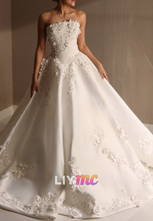 Strapless Ball Gown Wedding Dress with 3D Floral Appliques