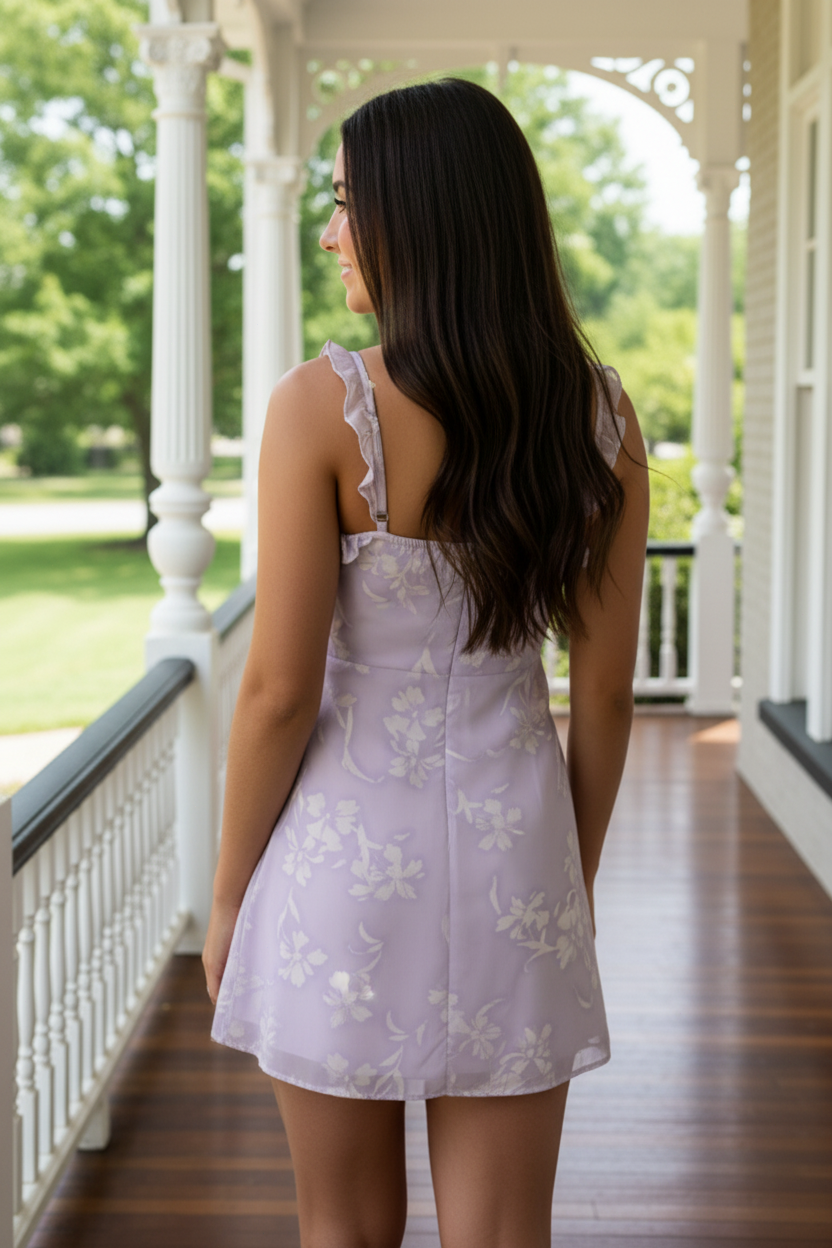 Floral Print Ruffle Trim Tie-Front Mini Dress