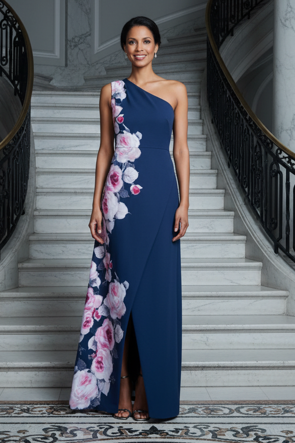 One-Shoulder Floral Print Maxi Dress with Slit