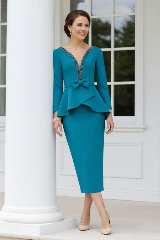 Beaded V-Neck Peplum Midi Dress with Long Sleeves