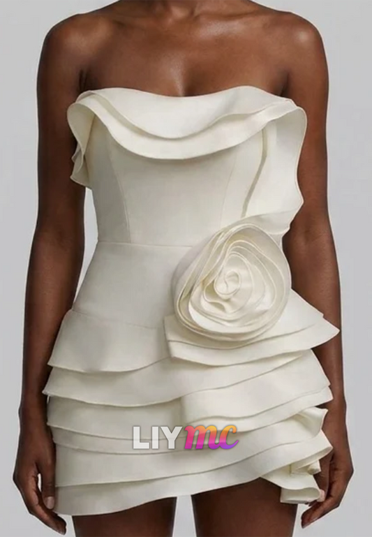 Strapless Tiered Ruffle Mini Dress with 3D Rose Detail