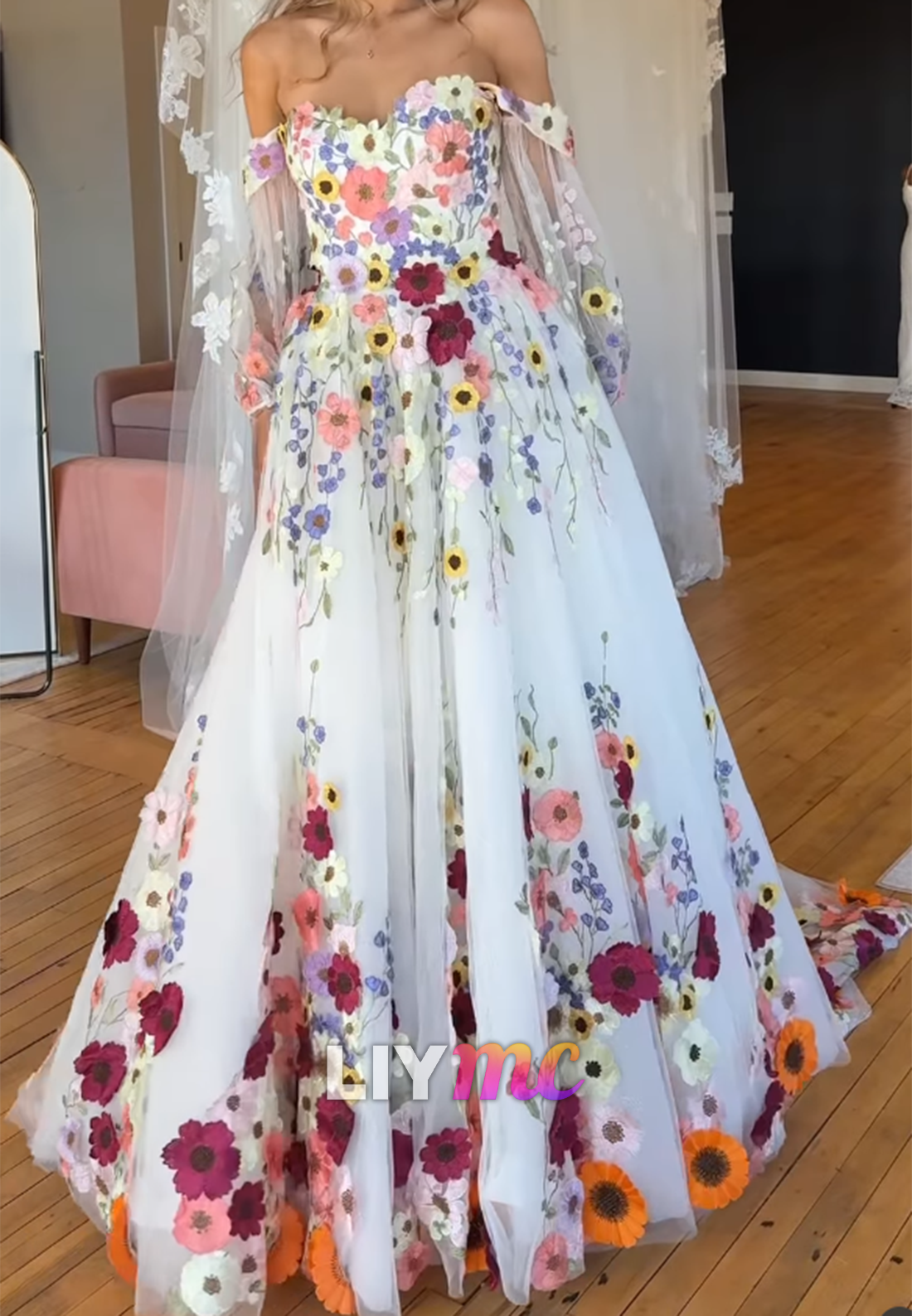 Off Shoulder Floral 3D Applique Ball Gown Wedding Dress