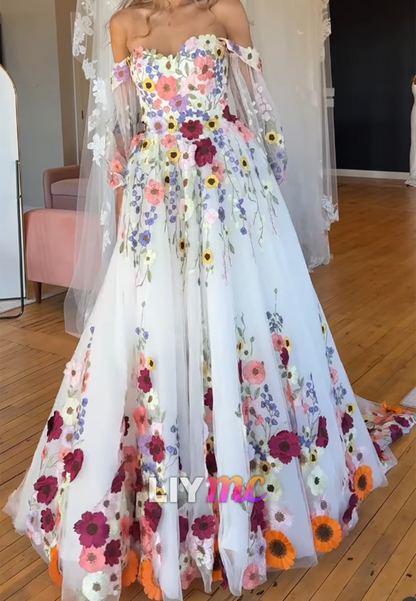 Off Shoulder Floral 3D Applique Ball Gown Wedding Dress