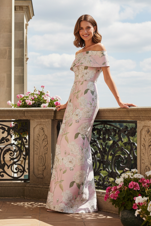 Off-The-Shoulder Floral Jacquard Column Gown