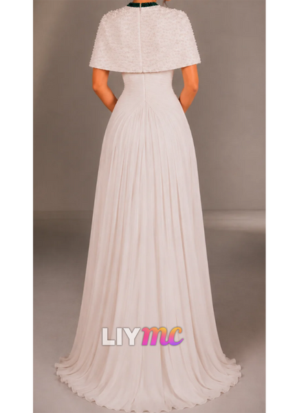 Beaded Cape Sleeve A-Line Evening Gown