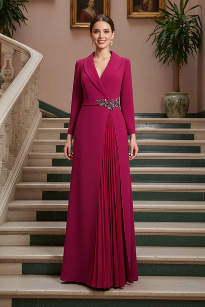 Long-Sleeve Coat Dress with Jeweled Belt & Pleated Skirt