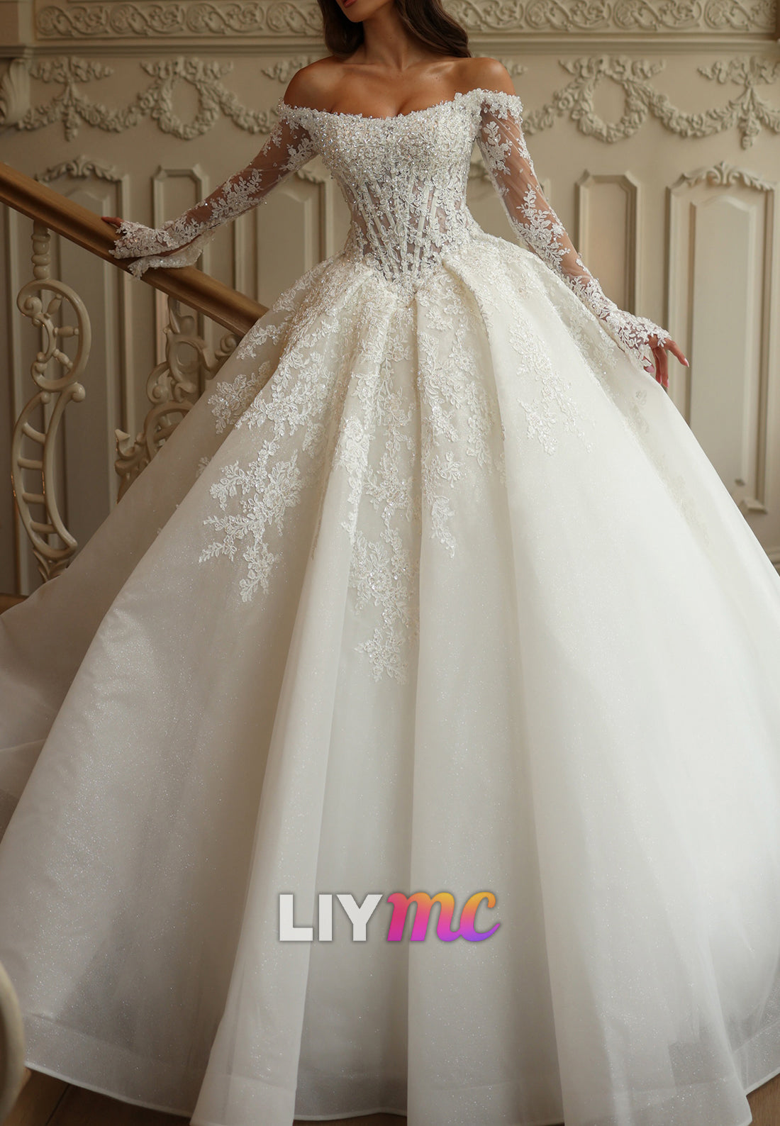 Off-The-Shoulder Lace Ball Gown Wedding Dress