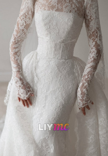 High-Neck Lace Mermaid Wedding Dress with Sleeves