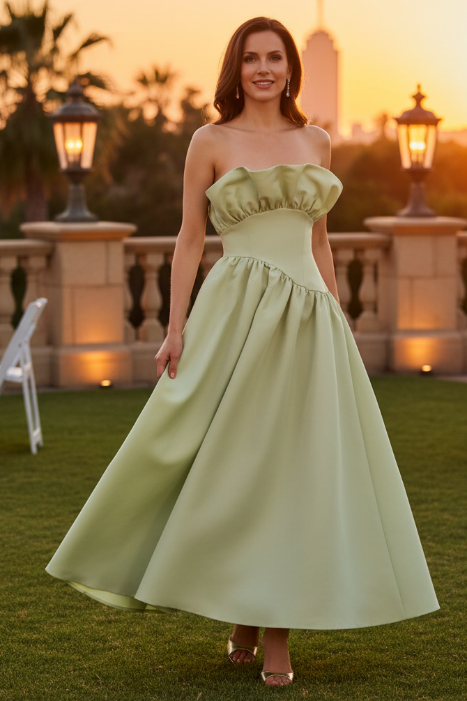 Strapless Ruffle Bust Asymmetric Midi Dress