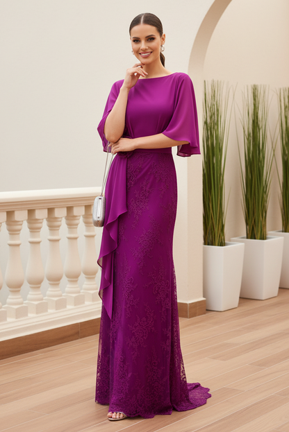 Cape Sleeve Lace Evening Gown