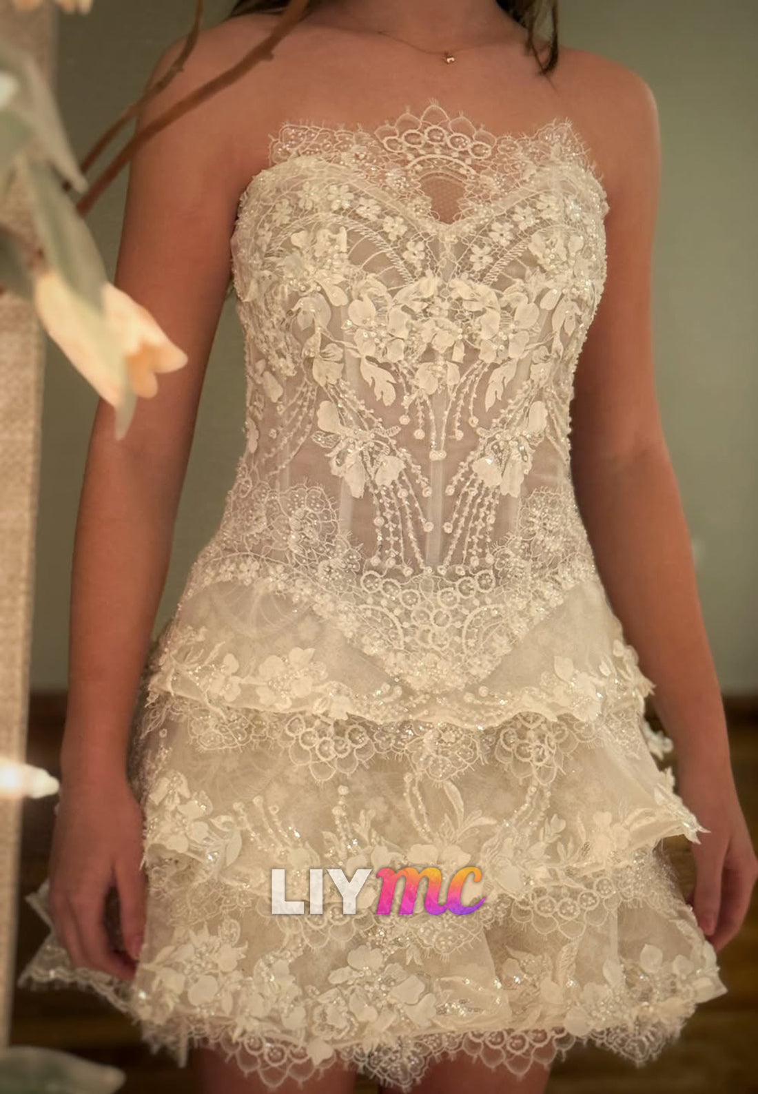 Lace Tiered Corset Mini Dress with Appliques