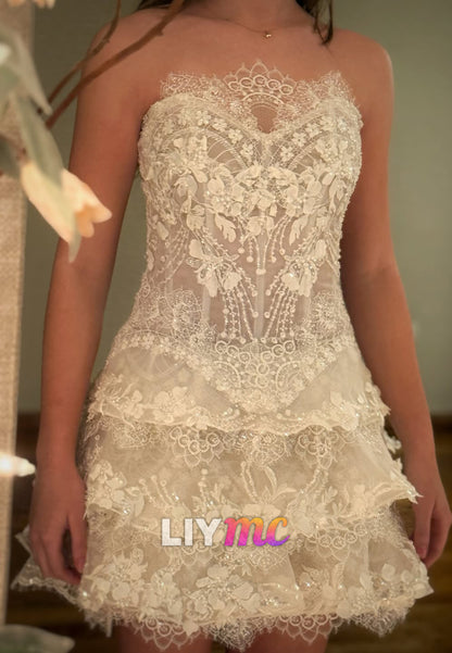 Lace Tiered Corset Mini Dress with Appliques