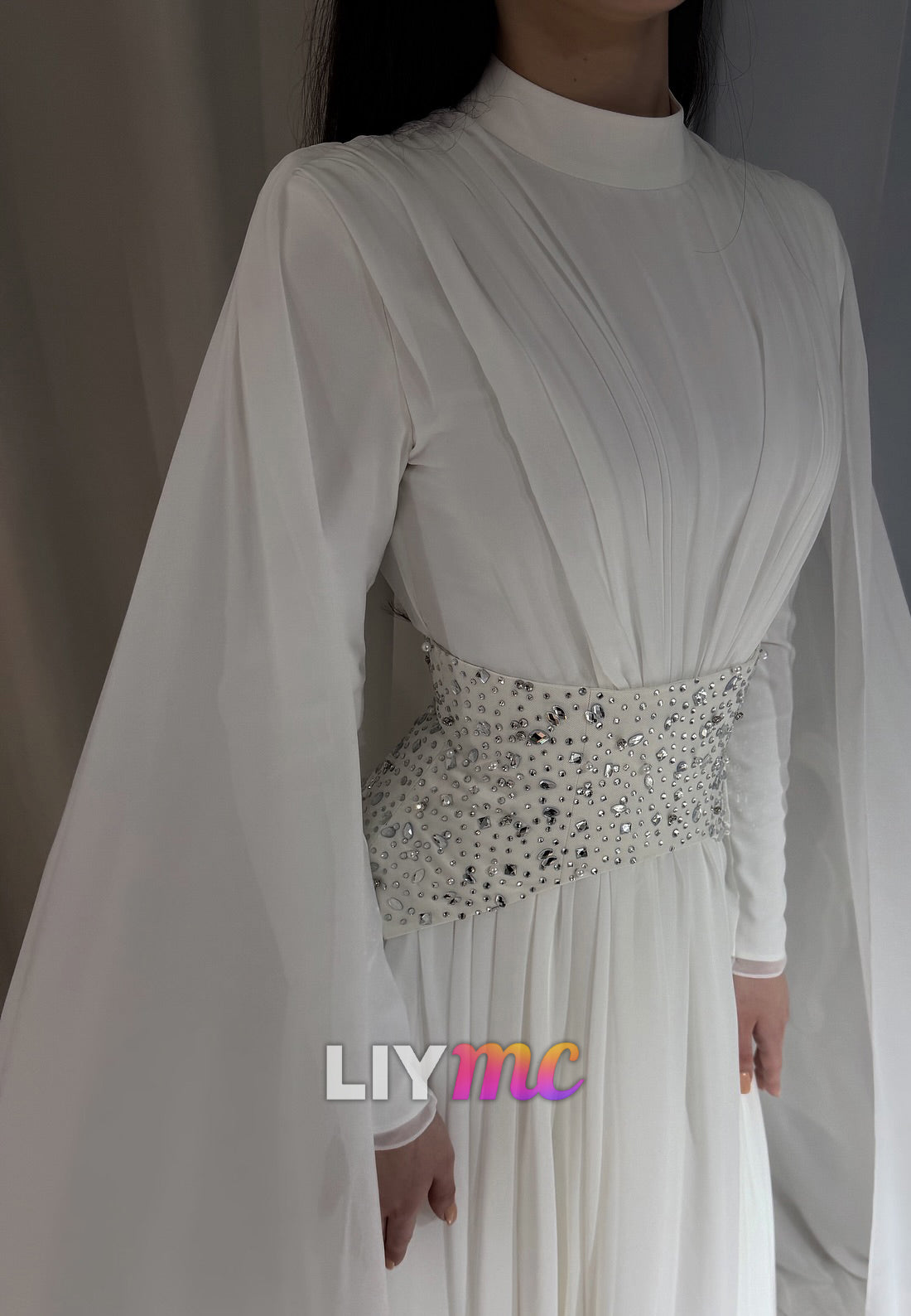 High-Neck Pleated A-Line Gown with Cape