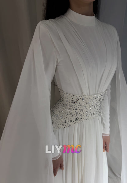 High-Neck Pleated A-Line Gown with Cape