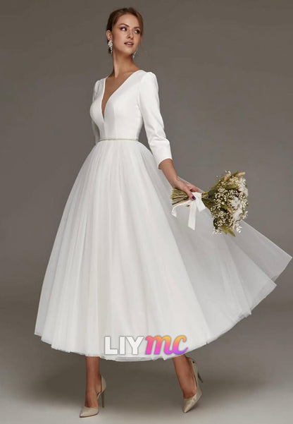 Deep V-Neck Tea-Length Wedding Dress, 3/4 Sleeves