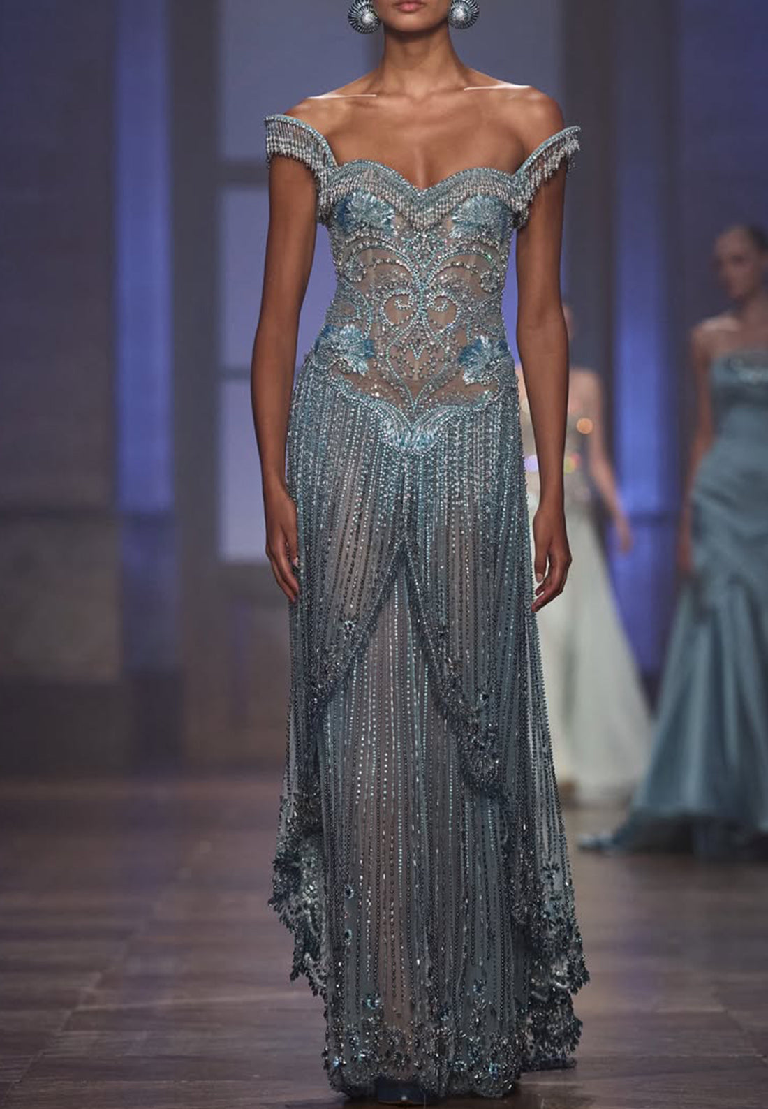 Off-Shoulder Beaded Illusion Gown with Fringe Skirt