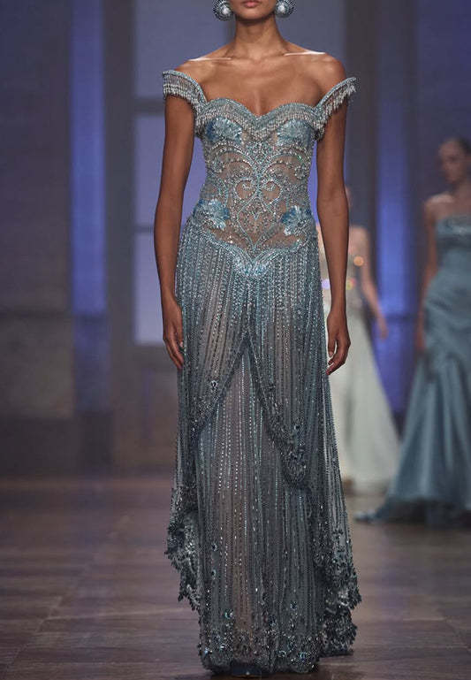 Off-Shoulder Beaded Illusion Gown with Fringe Skirt