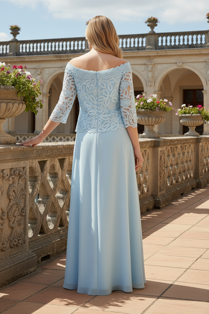 Off-the-Shoulder Lace & Chiffon Evening Gown