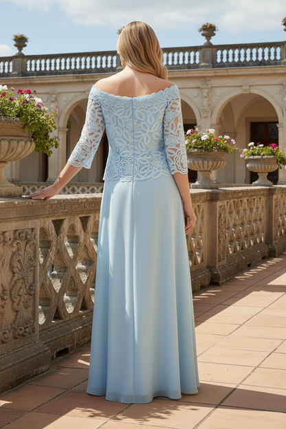 Off-the-Shoulder Lace & Chiffon Evening Gown