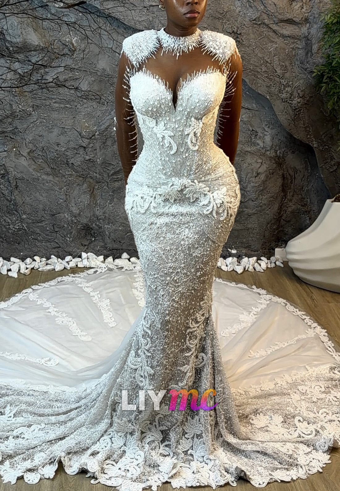 Beaded Illusion Mermaid Wedding Dress with Cathedral Train
