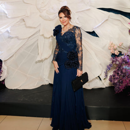 Lace & Ruched Evening Gown with 3D Rosettes