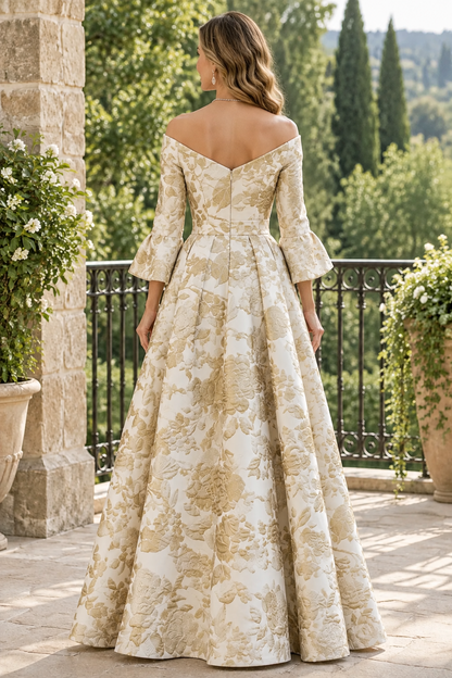 Floral Jacquard Off-the-Shoulder A-Line Gown