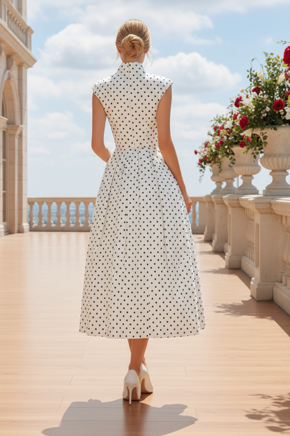Polka Dot Mock Neck Pleated Midi Dress