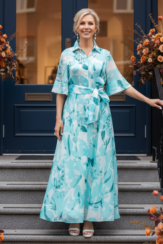 Floral Print A-Line Shirt Dress with Waist Sash