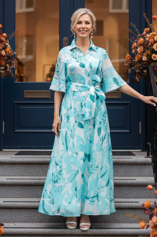 Floral Print A-Line Shirt Dress with Waist Sash